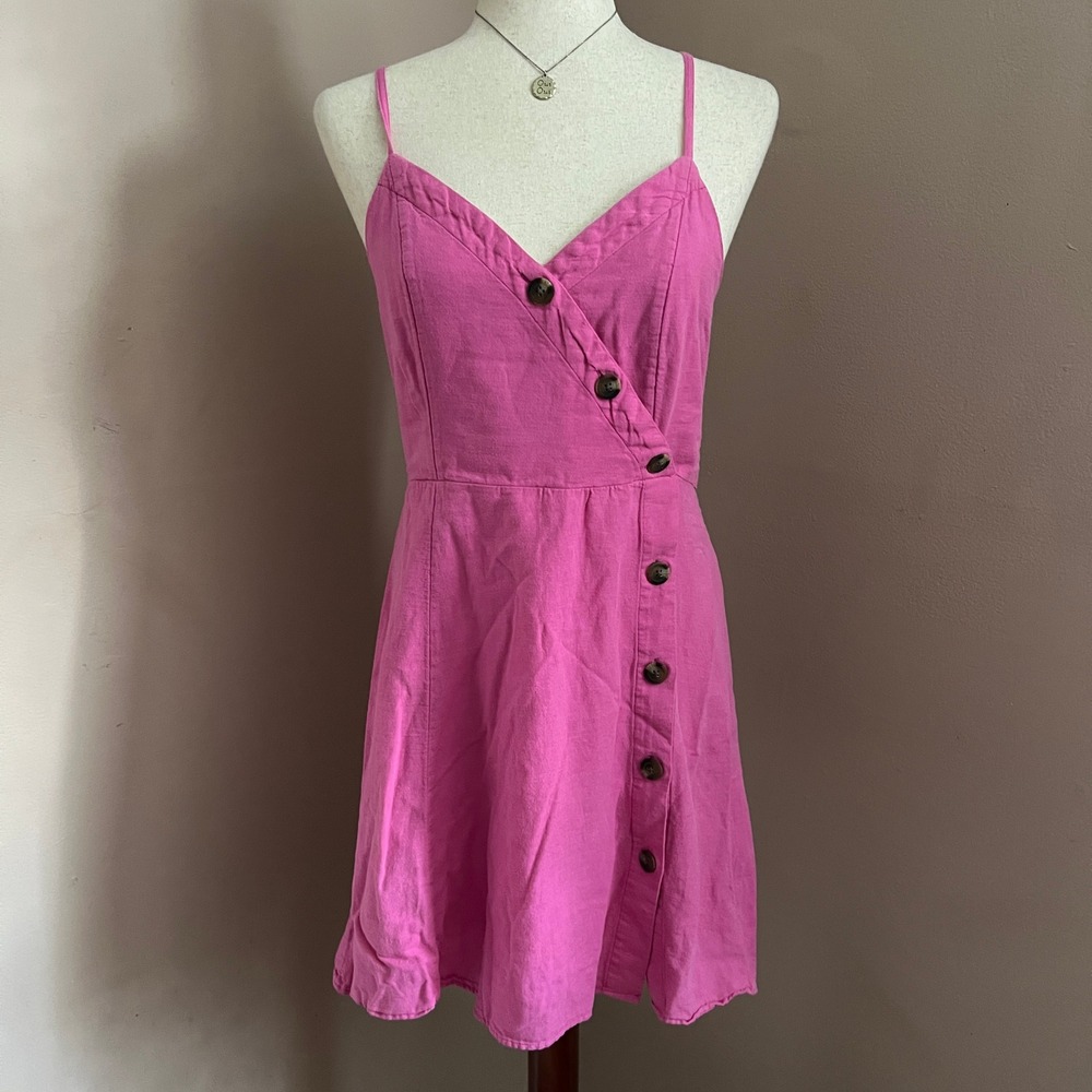 American Eagle Pink Linen Blend Mini Dress Vacation Barbie Cottage Summer Size S